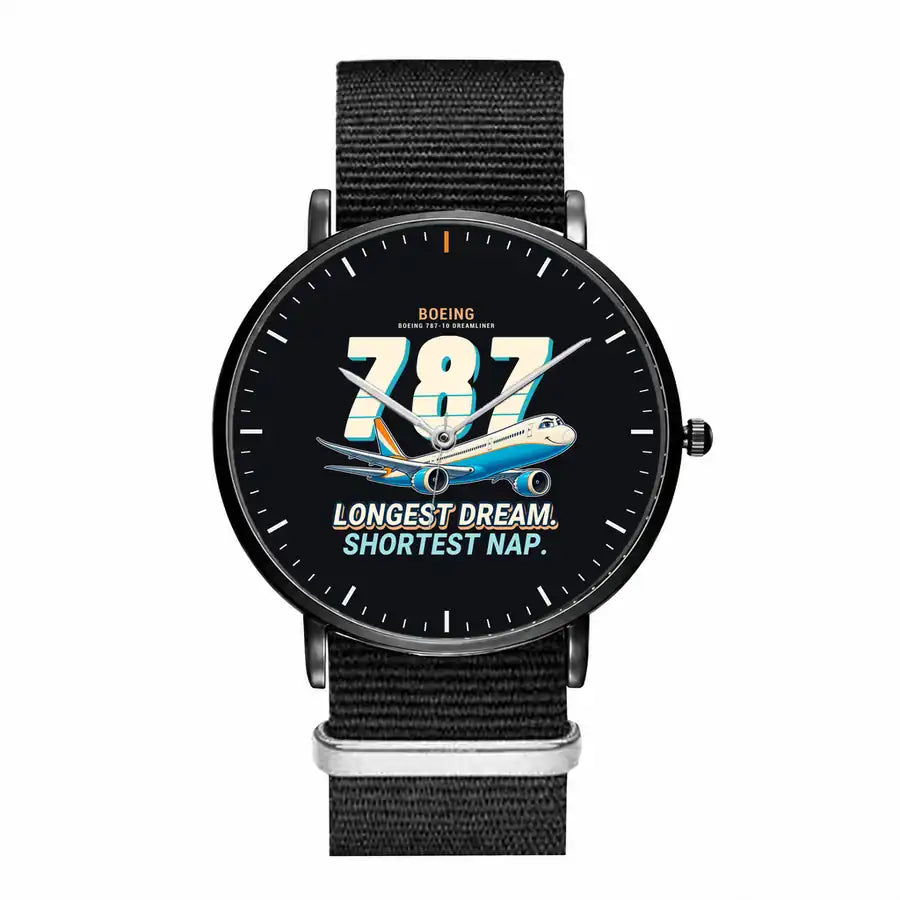 Boeing 787-10 Dreamliner - Cartoon - Slim Leather - Black and Black Nylon Strap