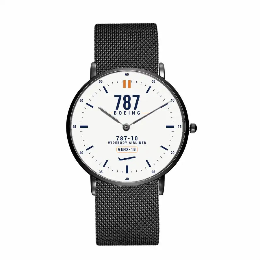 Boeing 787-10 Dreamliner - Classic - White - Slim Mesh - Black and Stainless Steel Strap