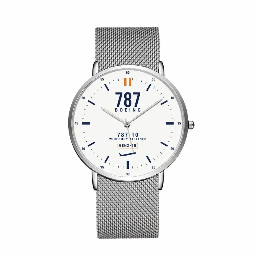 Boeing 787-10 Dreamliner - Classic - White - Slim Mesh - Silver and Silver Stainless Steel Strap