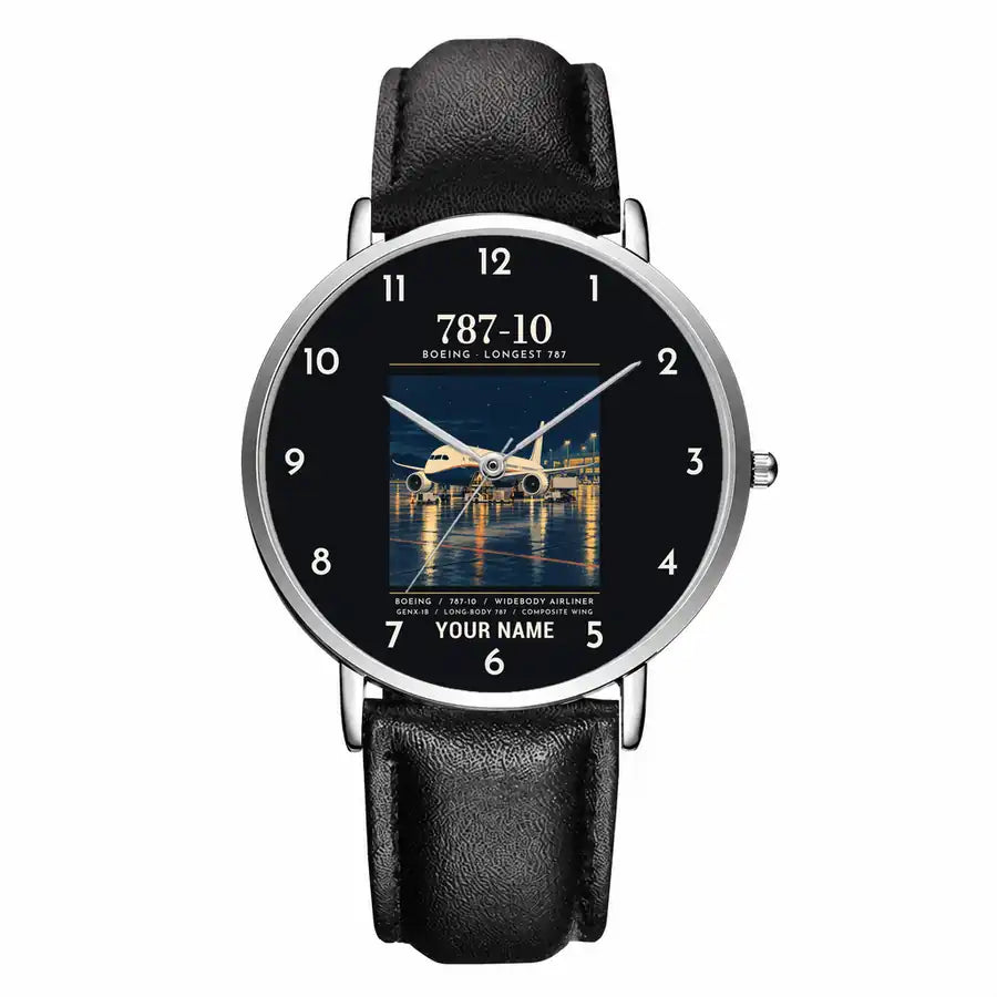 Boeing 787-10 Dreamliner - Poster + Name - Slim Leather - Silver and Black Leather Strap