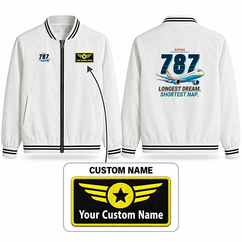 Boeing 787-10 Dreamliner Stylish Jackets - Baseball Collar - Cartoon + Name - White
