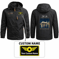 Thumbnail for Boeing 787-10 Dreamliner Stylish Jackets - Hooded Windbreaker - Poster + Name - Black