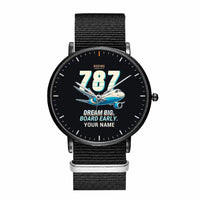 Thumbnail for Boeing 787-8 Dreamliner - Cartoon + Name - Slim Leather - Black and Black Nylon Strap