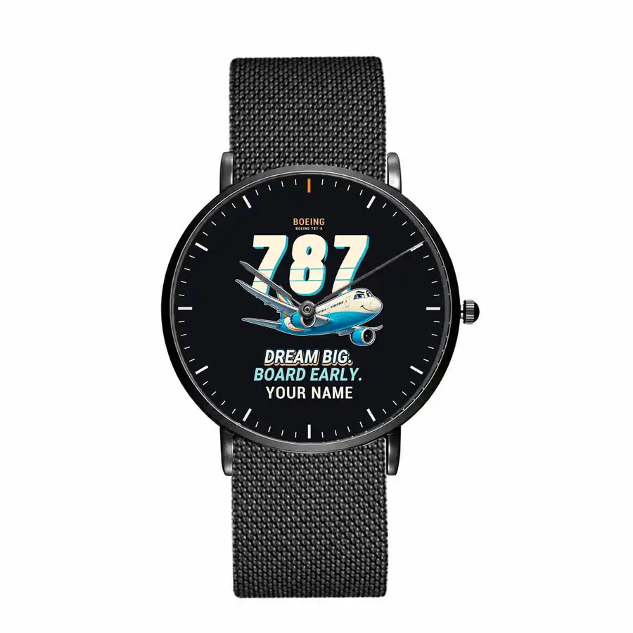 Boeing 787-8 Dreamliner - Cartoon + Name - Slim Mesh - Black and Stainless Steel Strap