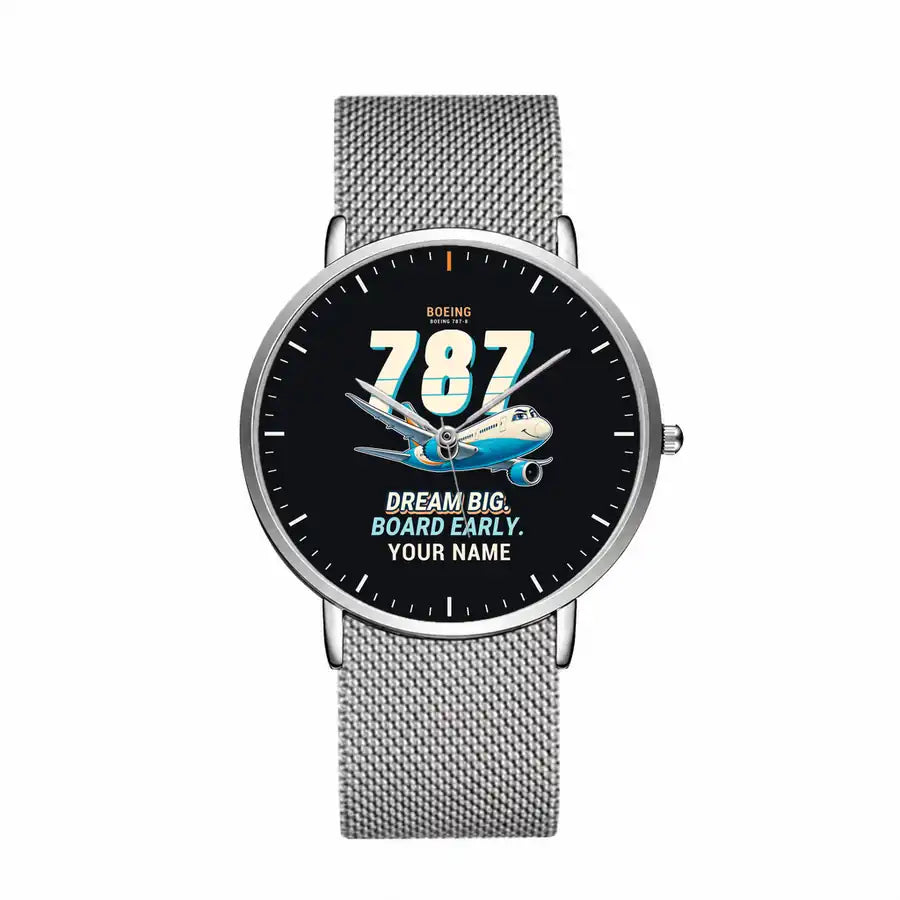 Boeing 787-8 Dreamliner - Cartoon + Name - Slim Mesh - Silver and Silver Stainless Steel Strap