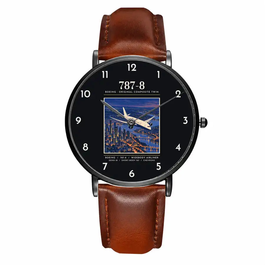 Boeing 787-8 Dreamliner - Poster - Slim Leather - Black and Brown Leather Strap