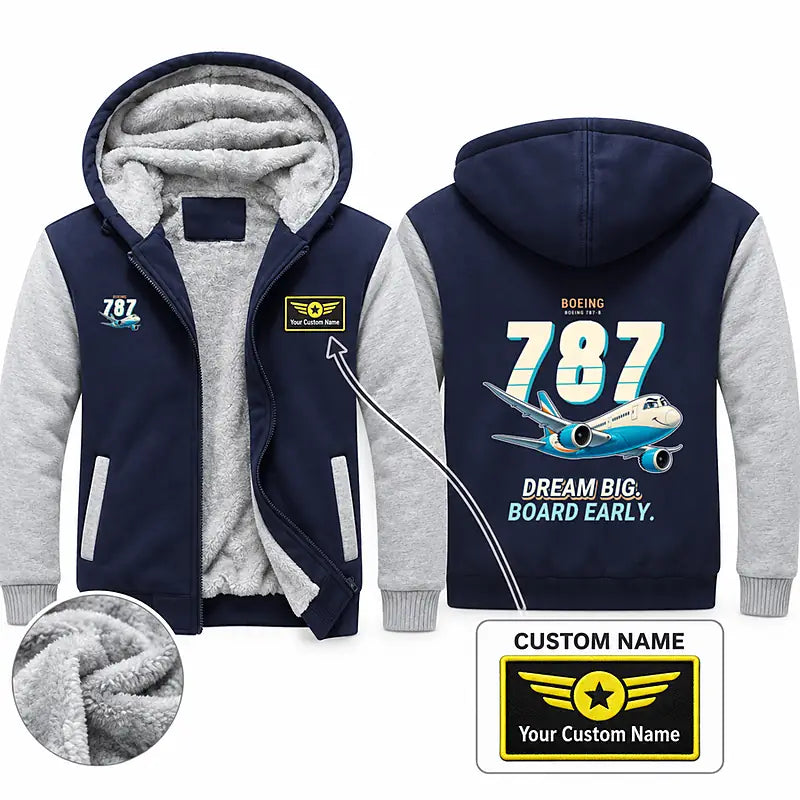 Boeing 787-8 Dreamliner Zipped Sweatshirts - Cartoon + Name - Navy & Gray