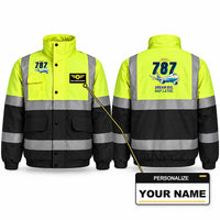 Thumbnail for Boeing 787-9 Dreamliner Reflective Winter Jackets - Cartoon + Name - Fluorescent Yellow & Navy