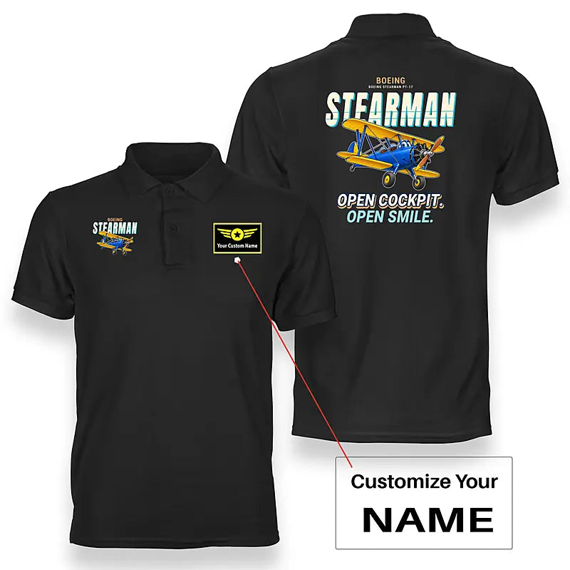 Boeing Stearman PT-17 - Cartoon - Double-Side Polo - Black + Name