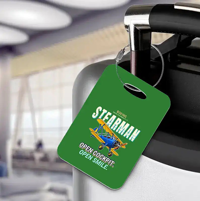 Boeing Stearman PT-17 - Cartoon - Luggage Tag - Green