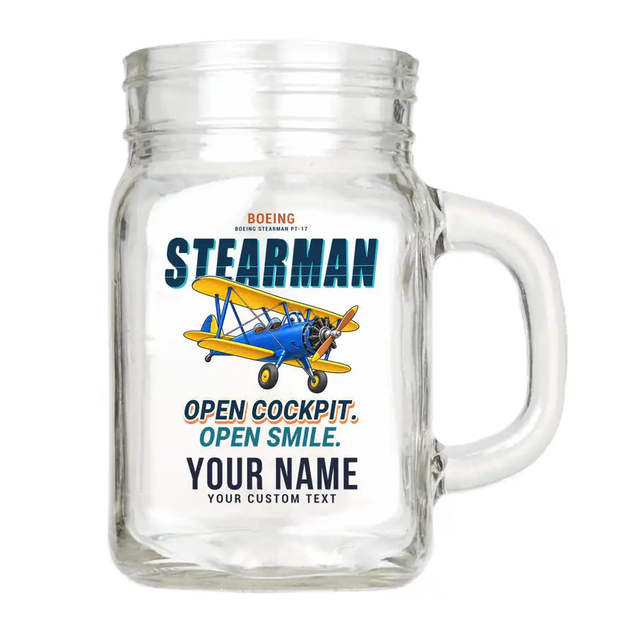 Boeing Stearman PT-17 - Cartoon + Name - Cocktail Glass (Mason Jar)