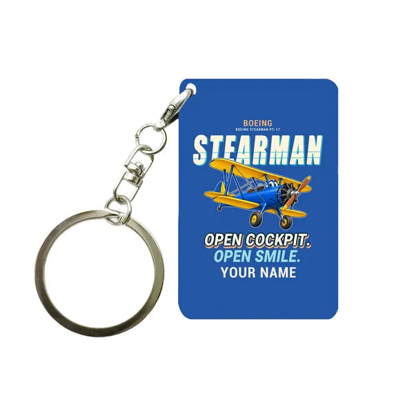 Boeing Stearman PT-17 - Cartoon + Name - Key Chain - Blue