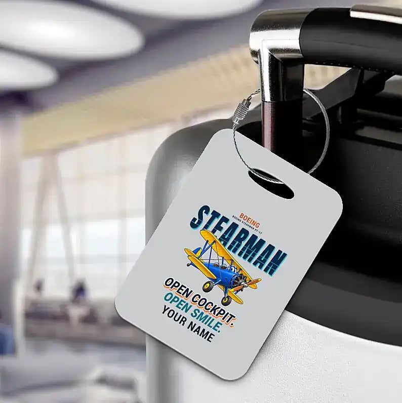Boeing Stearman PT-17 - Cartoon + Name - Luggage Tag - Light Gray