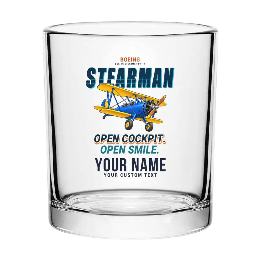 Boeing Stearman PT-17 - Cartoon + Name - Special Whiskey Glass
