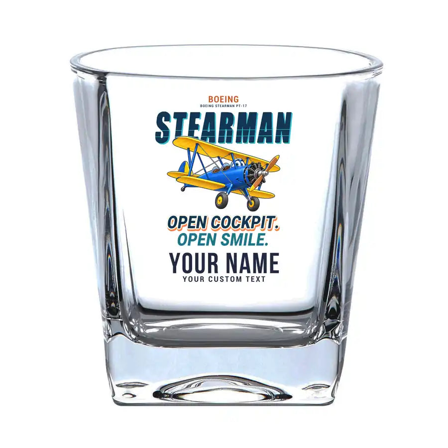 Boeing Stearman PT-17 - Cartoon + Name - Whiskey Glass