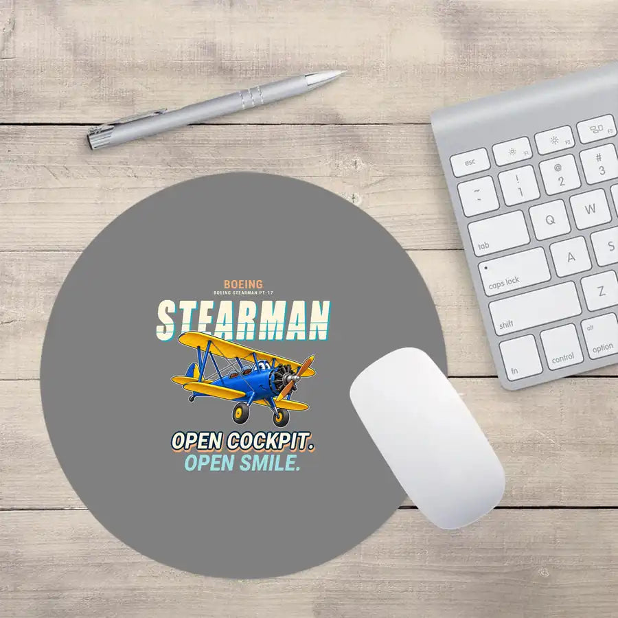 Boeing Stearman PT-17 - Cartoon - Round Mouse Pad - Gray