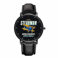 Thumbnail for Boeing Stearman PT-17 - Cartoon - Slim Leather - Black and Black Leather Strap