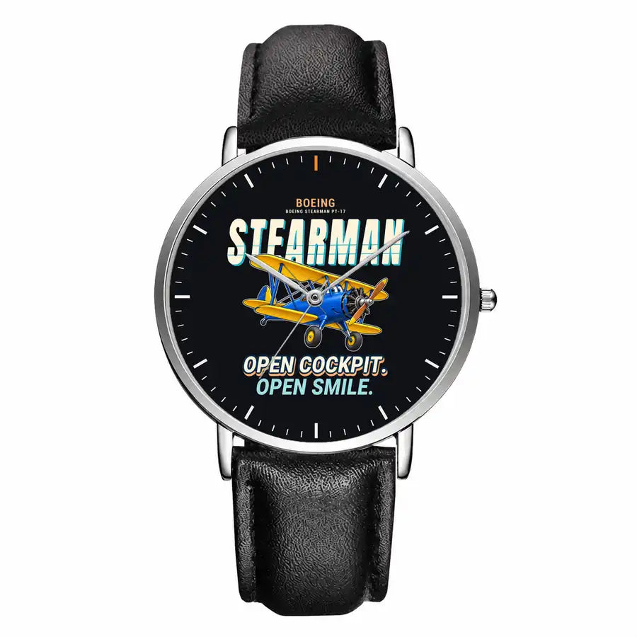Boeing Stearman PT-17 - Cartoon - Slim Leather - Silver and Black Leather Strap