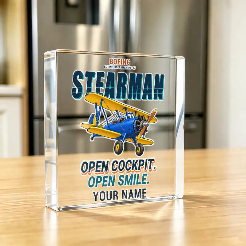 Boeing Stearman PT-17 - Crystal Ornament - Cartoon + Name - Kitchen