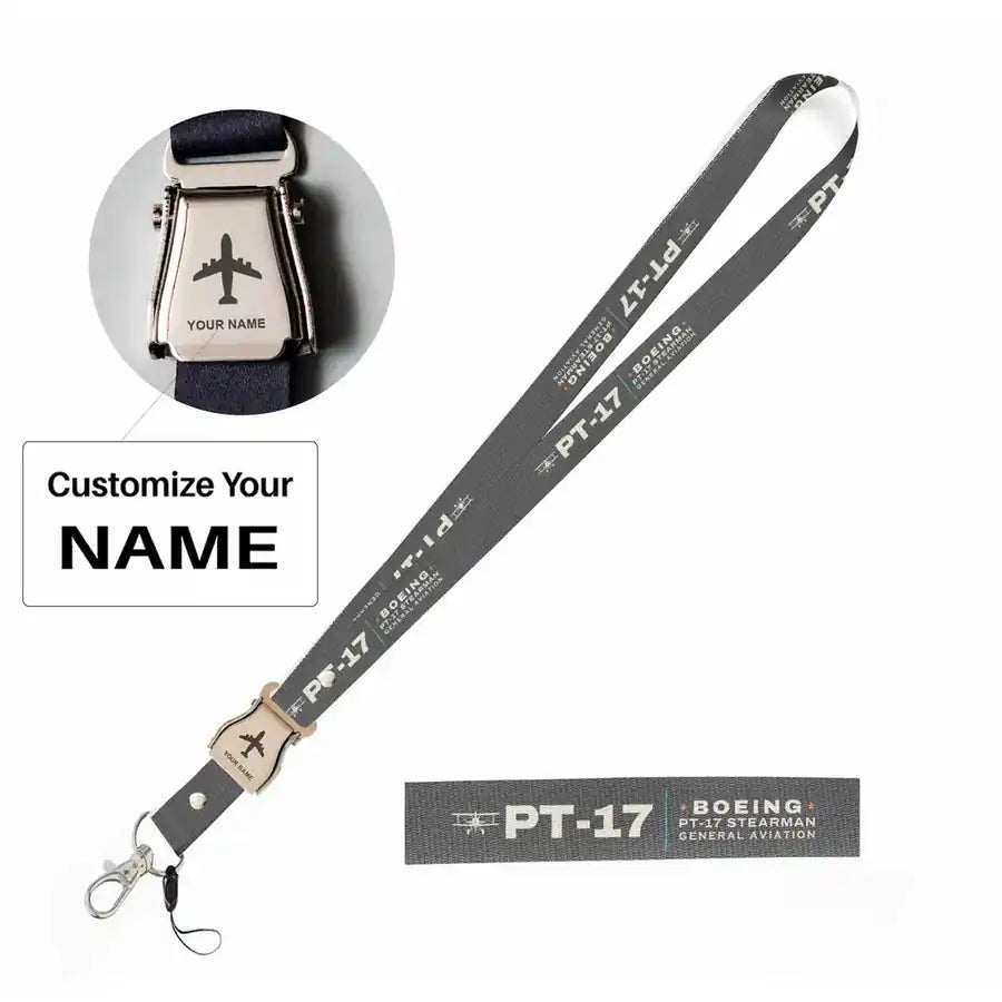 Boeing Stearman PT-17 Lanyard & ID Holders seat belt lanyard - Heritage - Gray with name