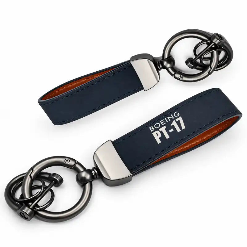 Boeing Stearman PT-17 - Leather Key Chain - Horseshoe Buckle - Tag - Navy Blue
