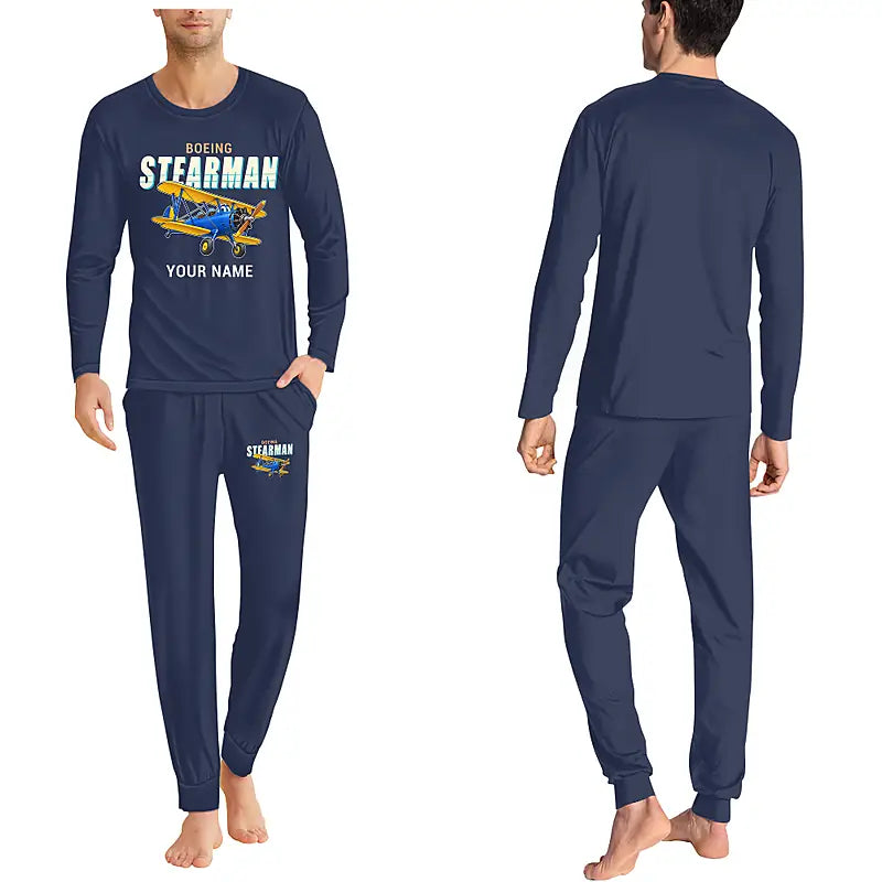 Boeing Stearman PT-17 - Men Pajamas - Cartoon Chest + Name - Navy Blue