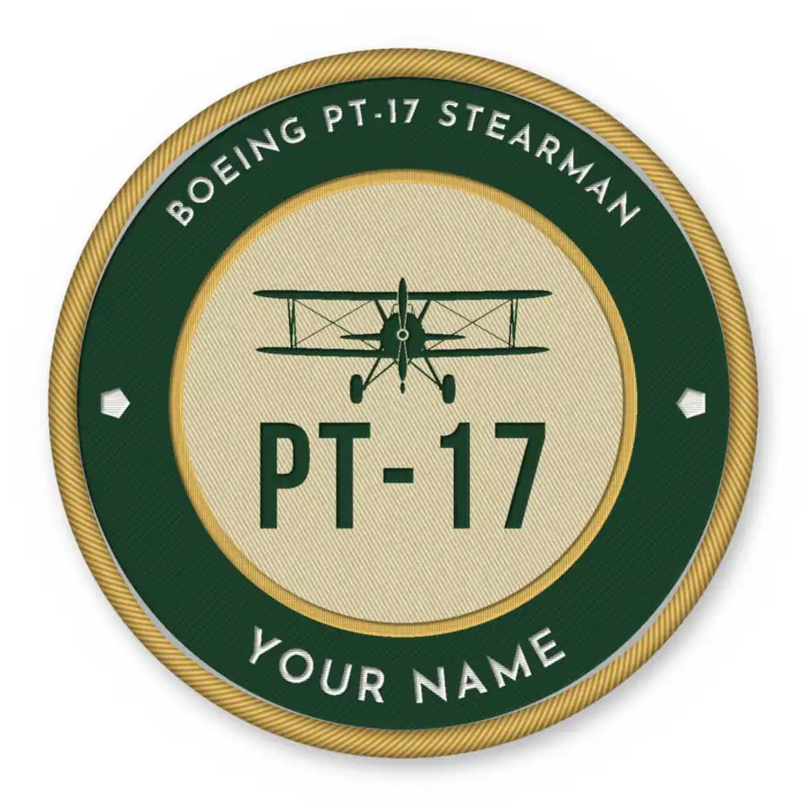 Boeing Stearman PT-17 Patches - Circle + Name - Forest Gold