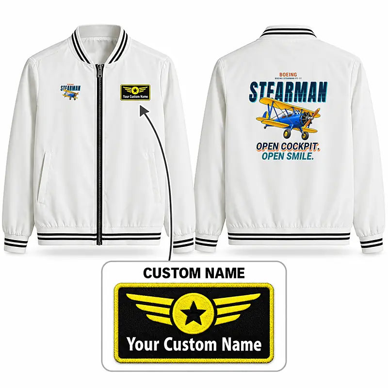 Boeing Stearman PT-17 Stylish Jackets - Baseball Collar - Cartoon + Name - White