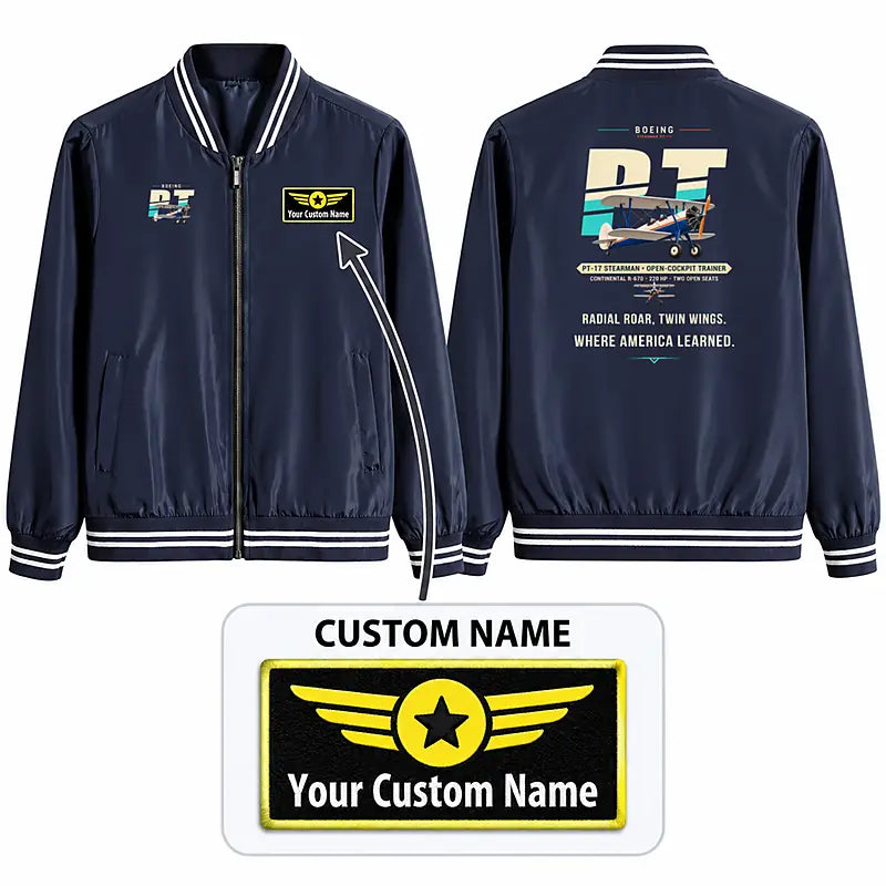 Boeing Stearman PT-17 Stylish Jackets - Baseball Collar - Original + Name - Navy Blue