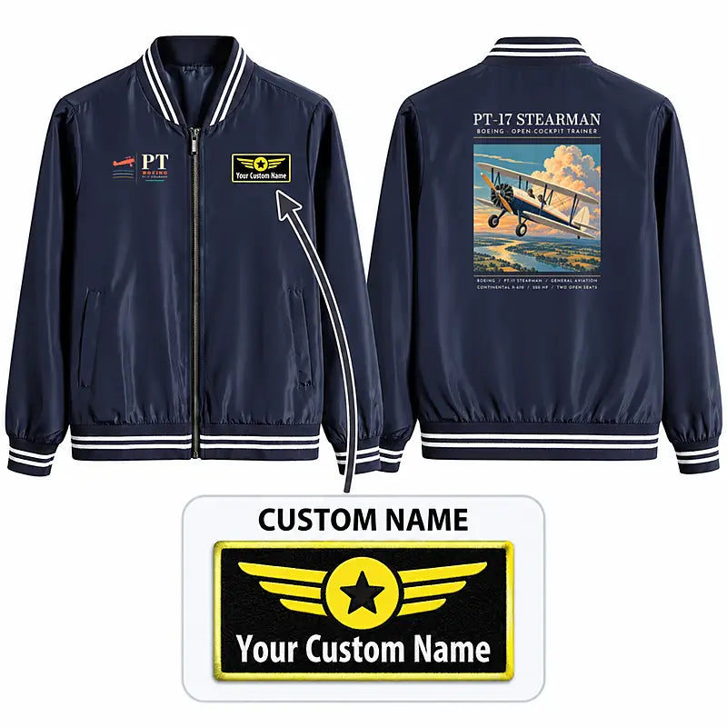 Boeing Stearman PT-17 Stylish Jackets - Baseball Collar - Poster + Name - Navy Blue