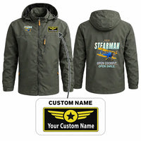 Thumbnail for Boeing Stearman PT-17 Stylish Jackets - Hooded Windbreaker - Cartoon + Name - Olive Green