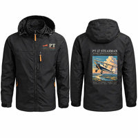 Thumbnail for Boeing Stearman PT-17 Stylish Jackets - Hooded Windbreaker - Poster - Black