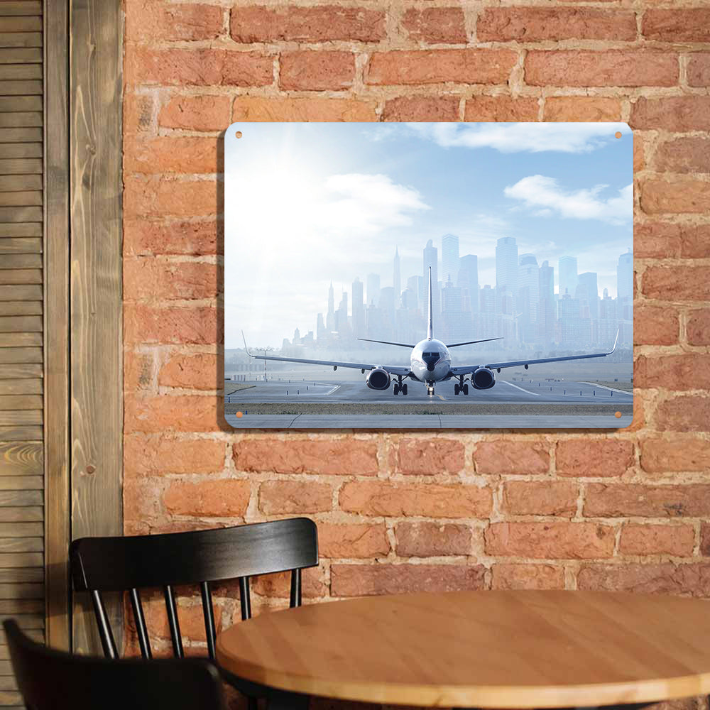 Boeing 737 & City View Behind Printed Metal Sign