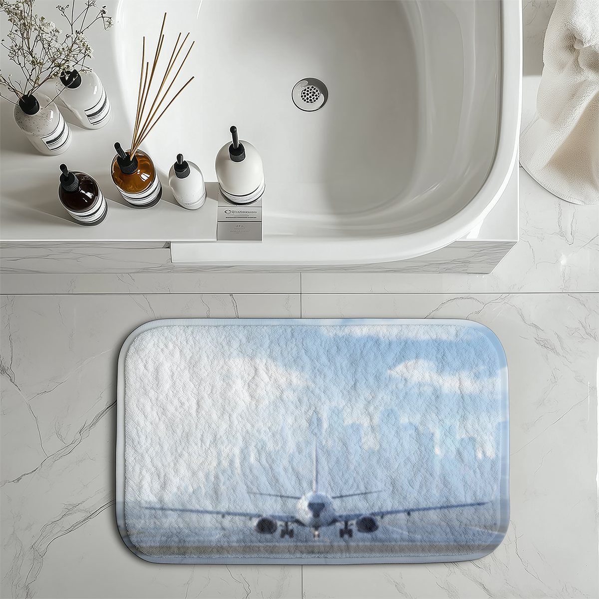 Boeing 737 & City View Behind Designed Bath Mats