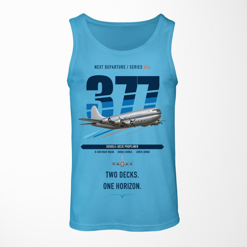 Boeing 377 Stratocruiser design on sky blue tank top