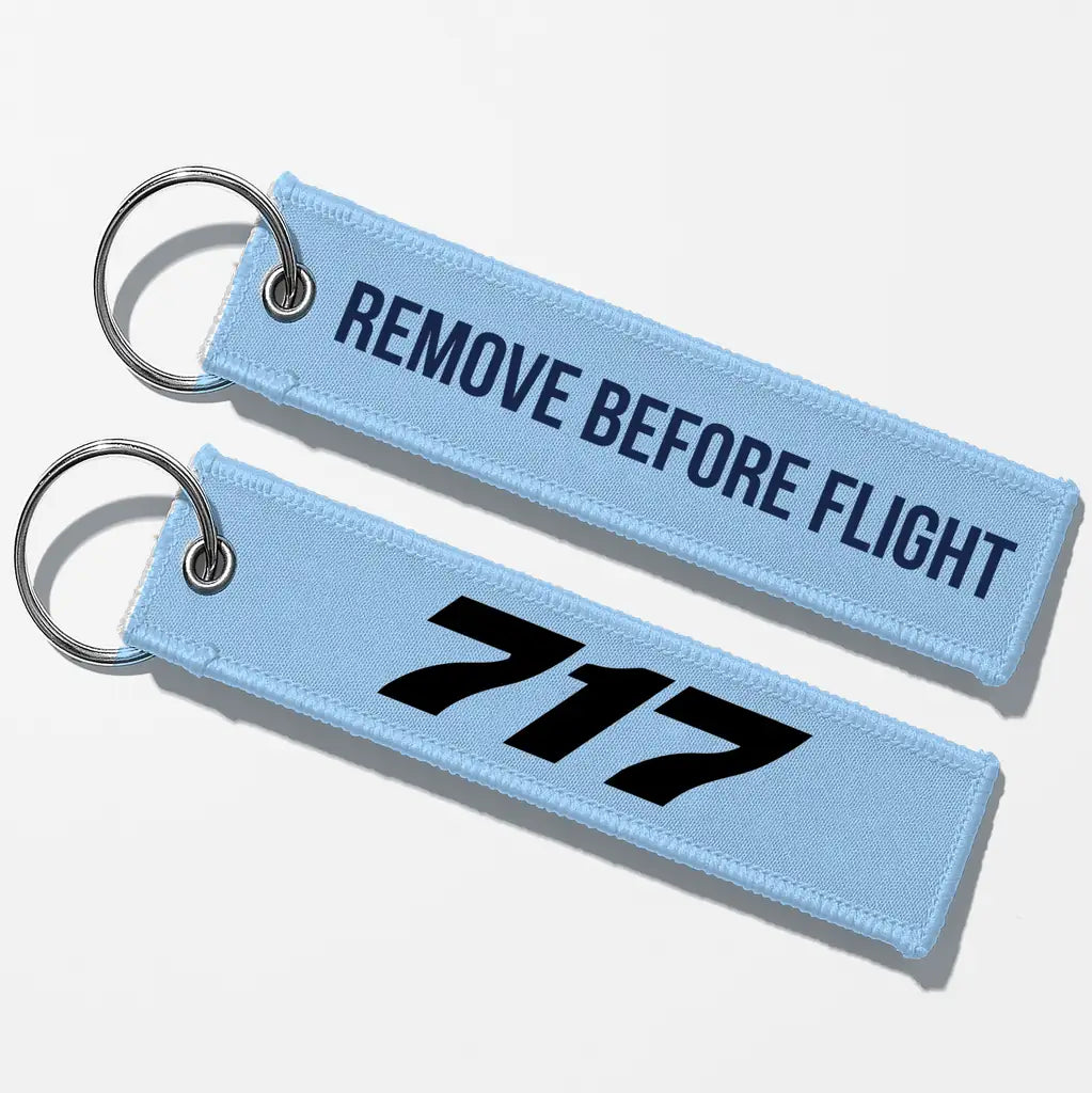 Boeing 717 Flat Text Key Chains - Light Blue - Remove Before Flight