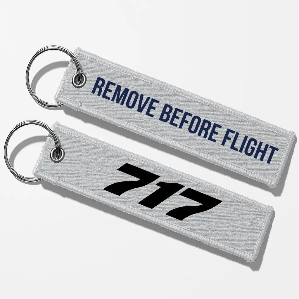 Boeing 717 Flat Text Key Chains - Light Gray - Remove Before Flight