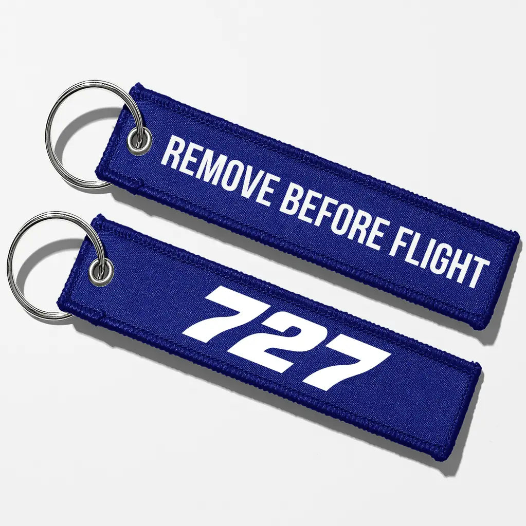 Boeing 727 Flat Text Key Chains - Blue - Remove Before Flight