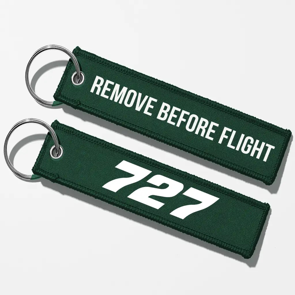 Boeing 727 Flat Text Key Chains - Dark Green - Remove Before Flight