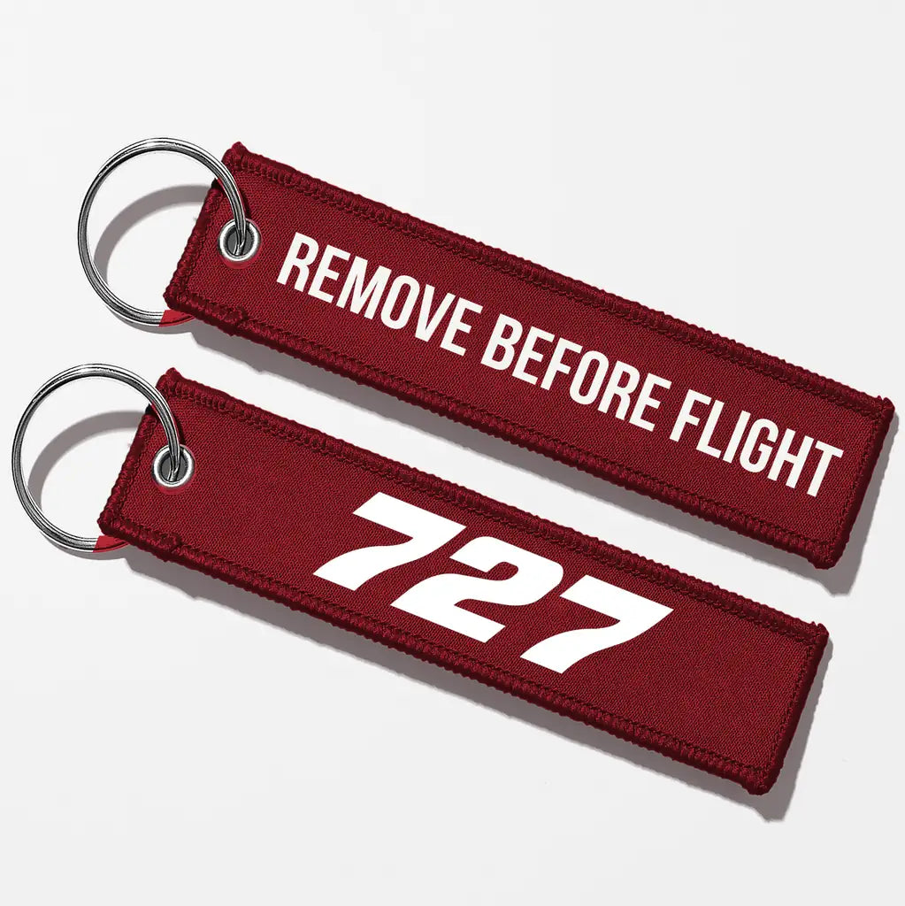 Boeing 727 Flat Text Key Chains - Dark Red - Remove Before Flight