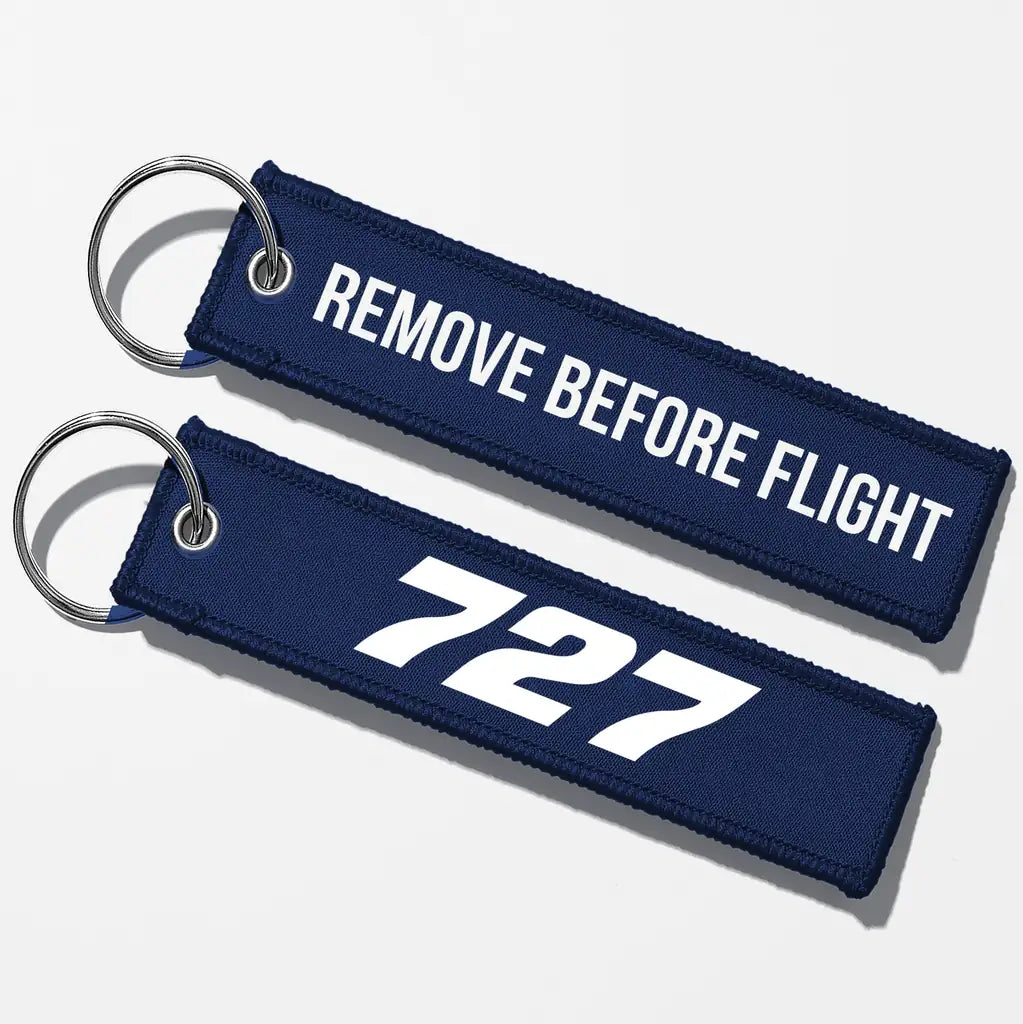 Boeing 727 Flat Text Key Chains - Navy Blue - Remove Before Flight