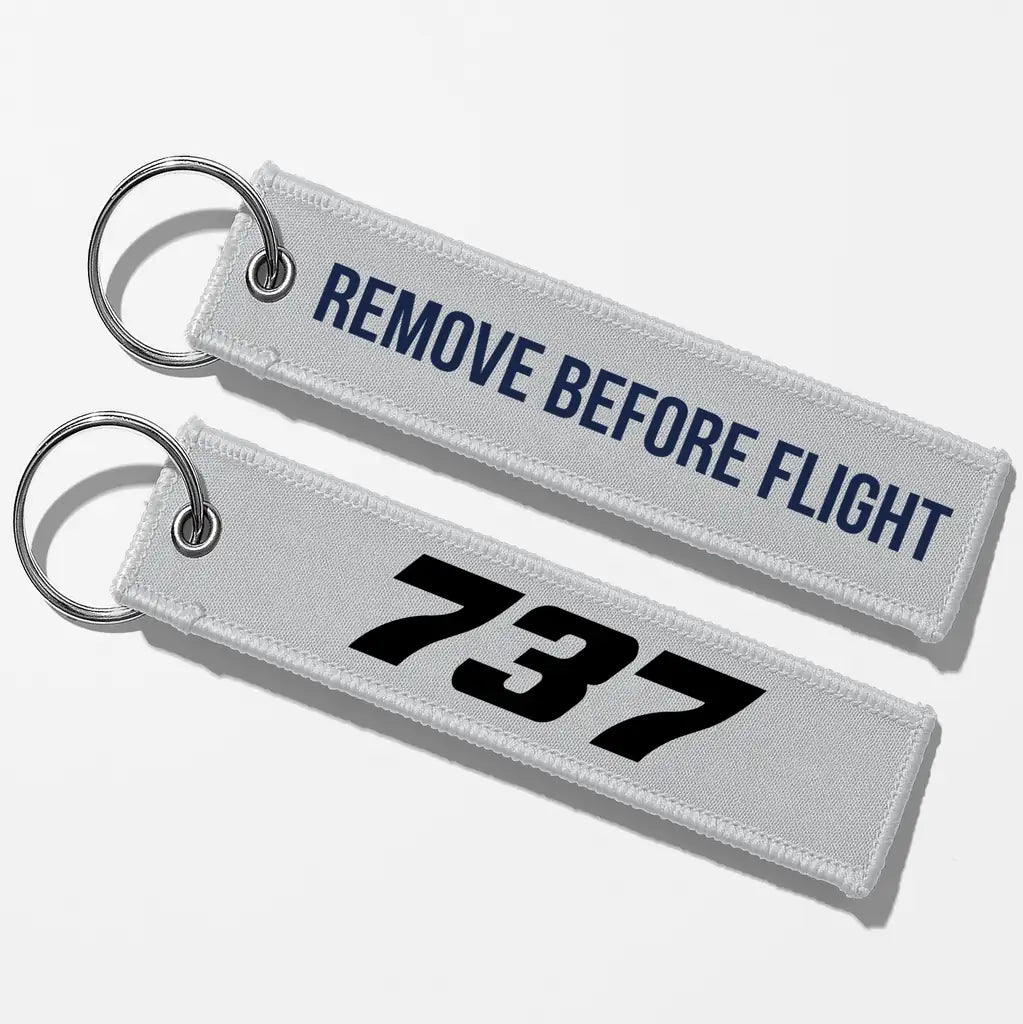 Boeing 737 Flat Text Key Chains - Light Gray - Remove Before Flight