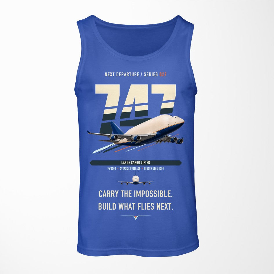 Boeing 747-400 Dreamlifter design on blue tank top