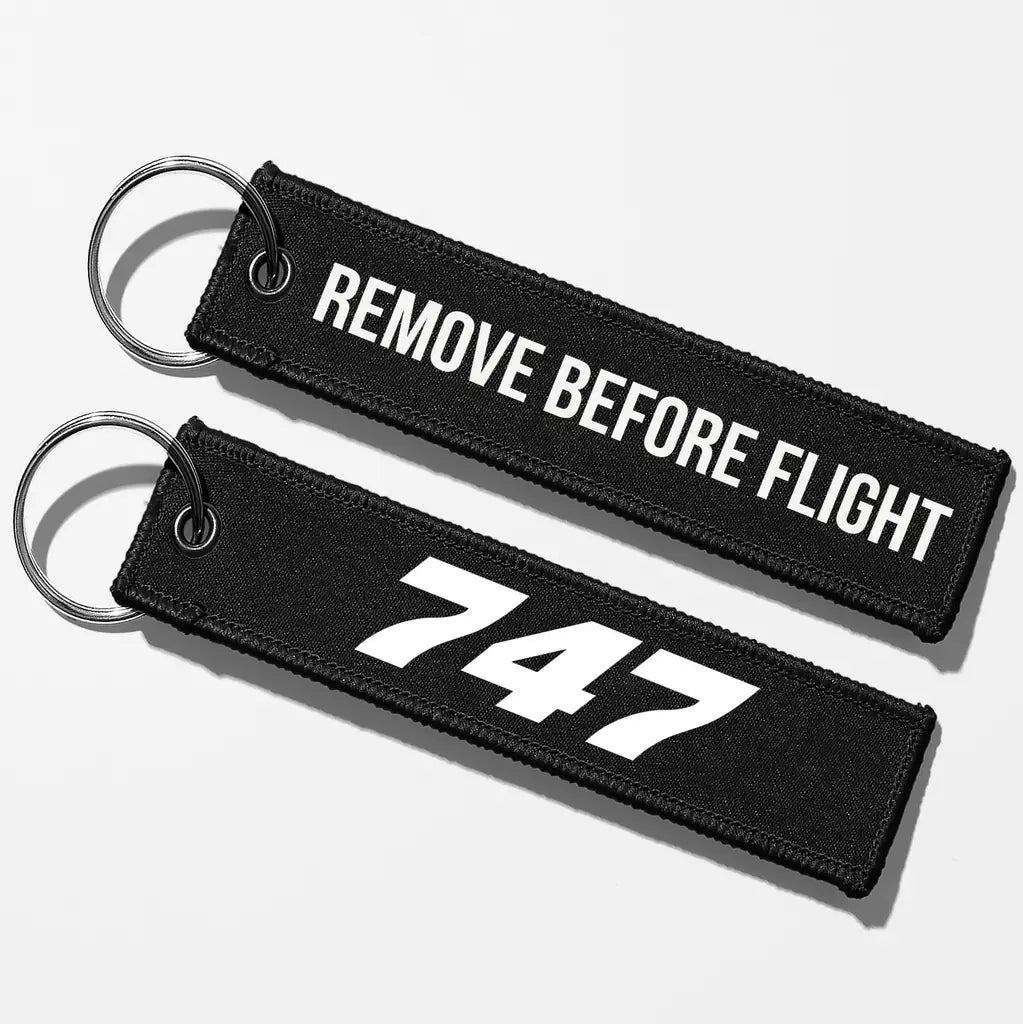 Boeing 747 Flat Text Key Chains - Black - Remove Before Flight