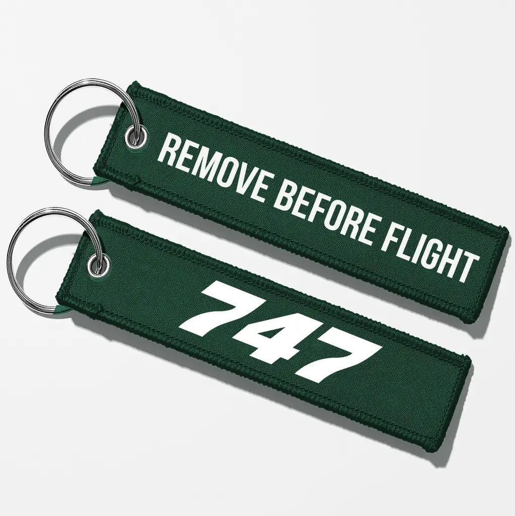 Boeing 747 Flat Text Key Chains - Dark Green - Remove Before Flight
