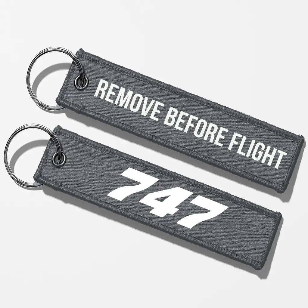 Boeing 747 Flat Text Key Chains - Gray - Remove Before Flight
