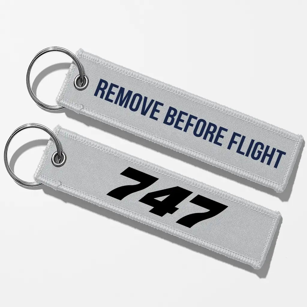 Boeing 747 Flat Text Key Chains - Light Gray - Remove Before Flight