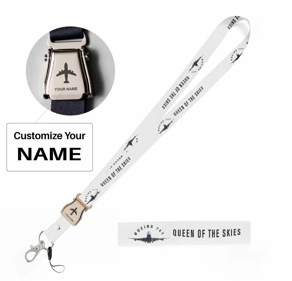 Boeing 747 Queen of the Skies seat belt lanyard - white with name
