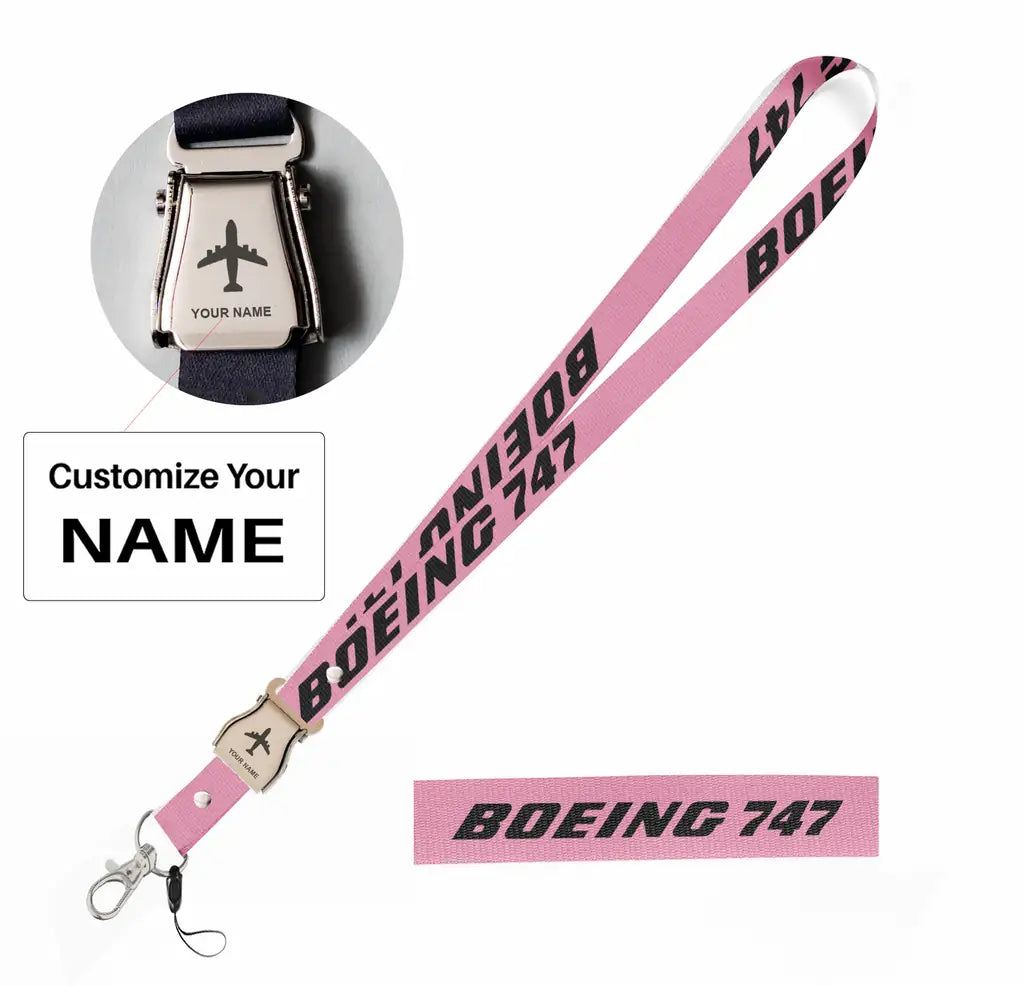 Boeing 747 & Text seat belt lanyard - pink with name