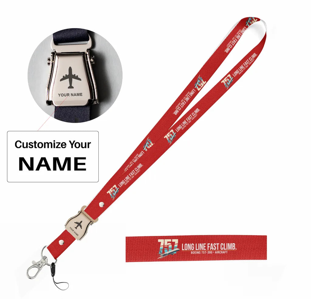 Boeing 757-300 seat belt lanyard - red with name